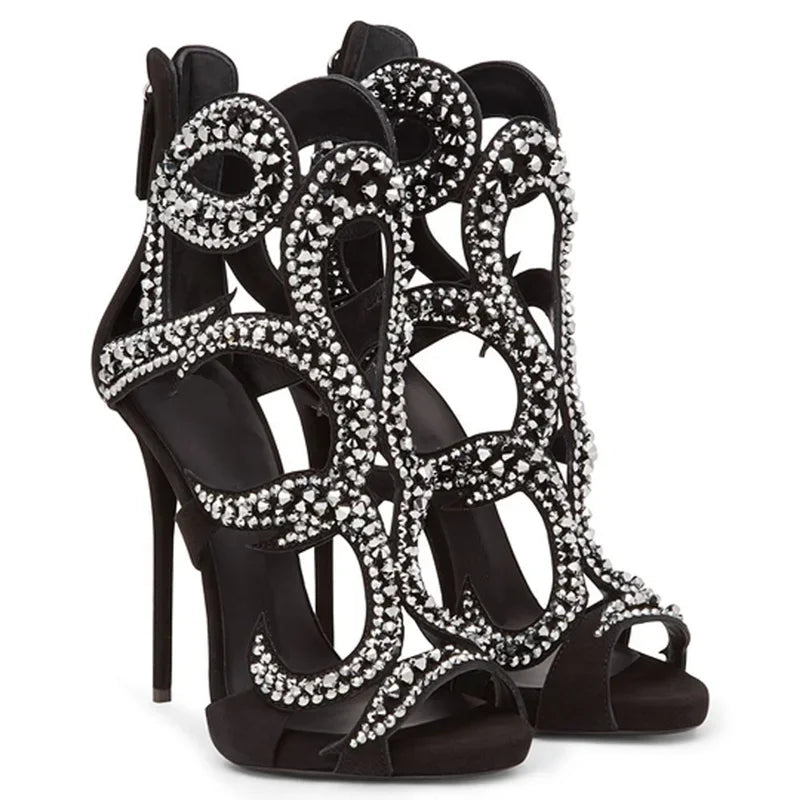 Crystal Embellished Stiletto Sandals With Zipper for Women