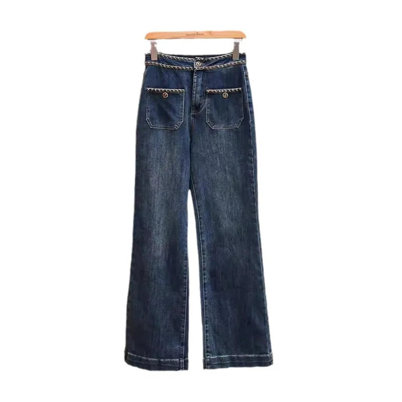 ANJY Autumn Women American Style Vintage High-End Chain Design Slimming Straight Jeans Ins Trend Versatile Wide-Leg Pants A10635