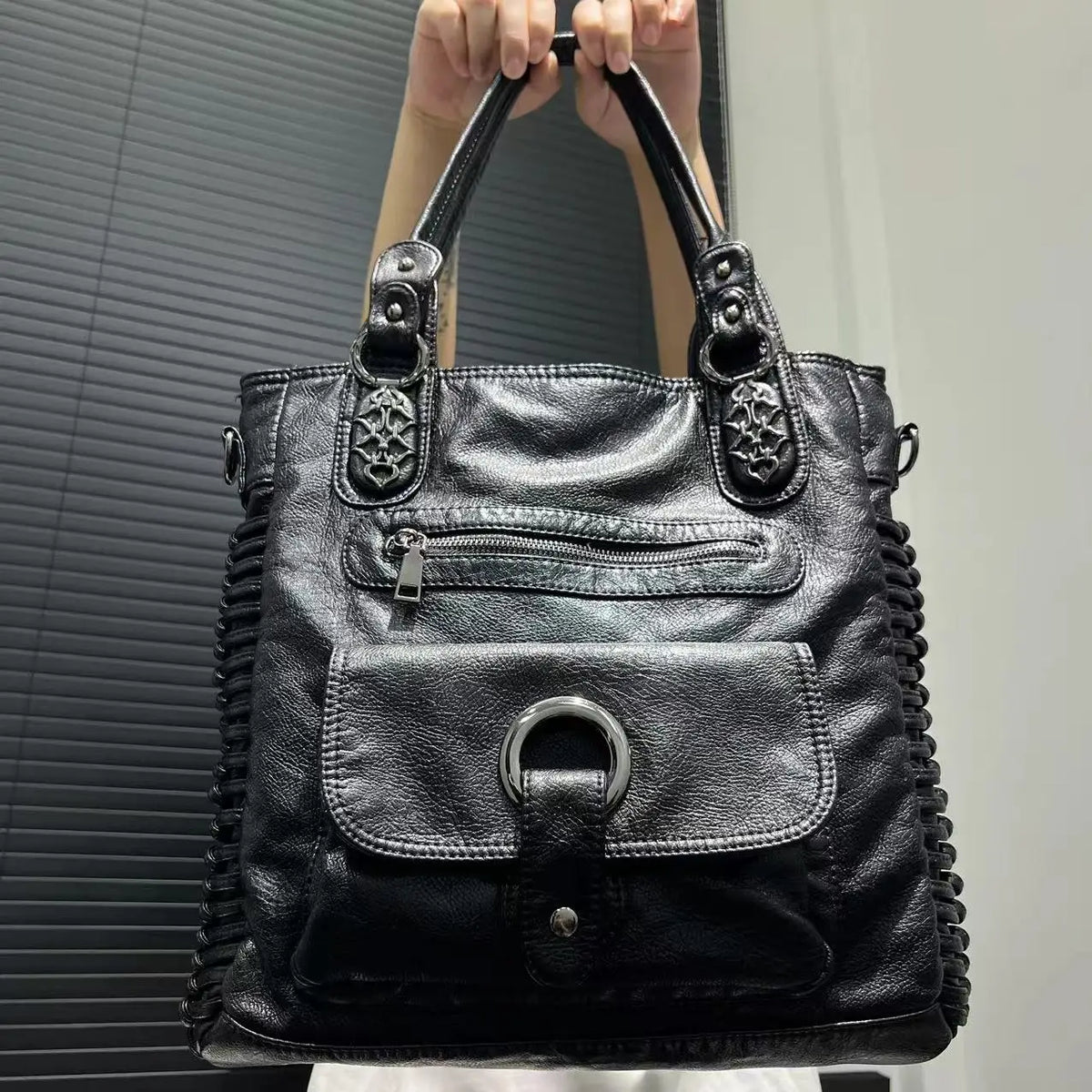 Distressed Vegan Leather Shoulder Tote Bag for Women