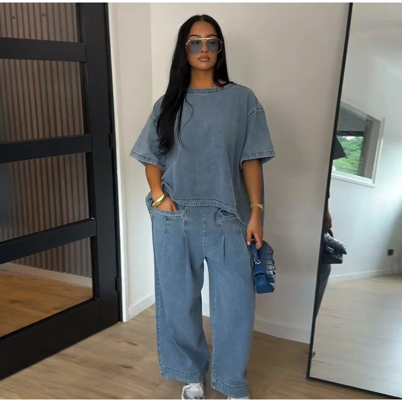 Oversized O Neck Casual Denim Two Piece Set for Women