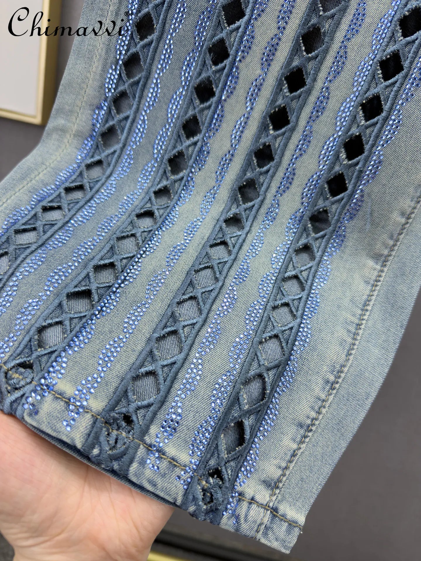 Heavy Cut Out Hot Diamond Jeans Women's Cropped Pants Summer New Fashion Thin High Waist Loose Slimming Straight-leg Pants