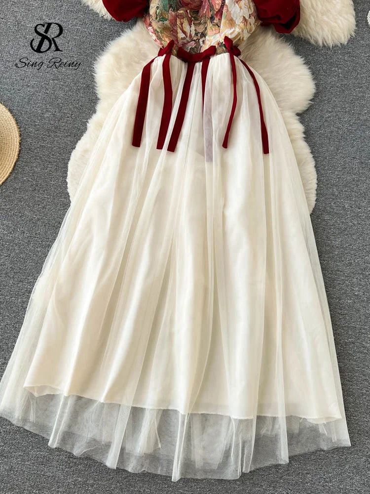 Embroidered Retro Print Lace-Up Mesh Midi Dress for Women