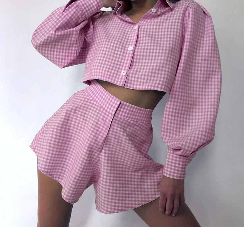 Wide Leg Pants Two Piece Set Woman Plaid Long Sleeved Shirt and High Waist 2025 Summer Fashion Casual Suit Spring and Summer New