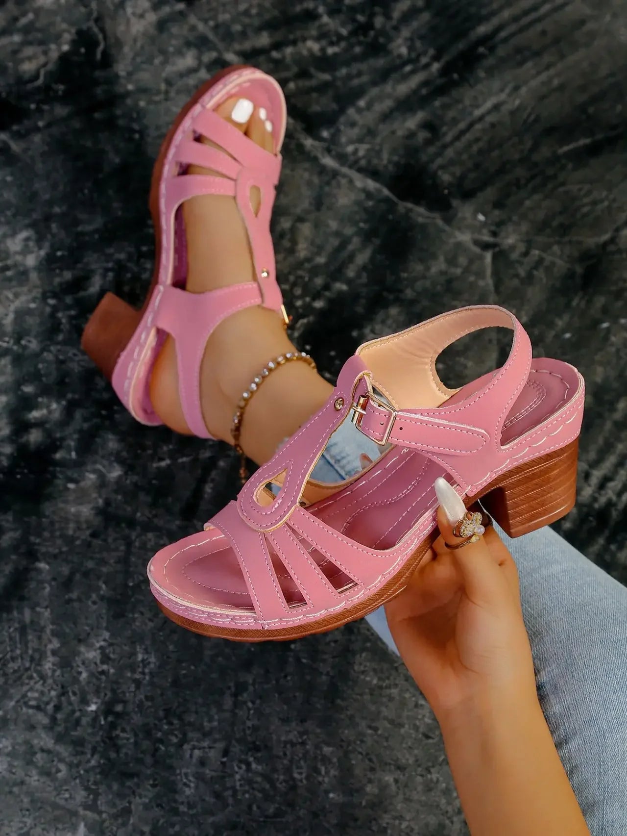 Elegant Square Heel Buckle Sandals