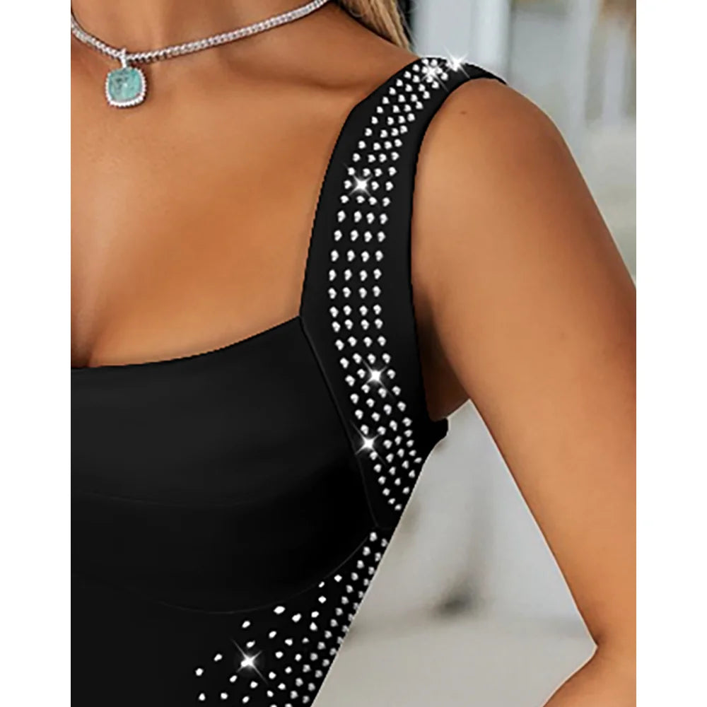 Autumn Women V-Neck Rhinestone Decor Thick Strap Sleeveless Slim Fit Bodycon Dress Black Midi Dress for Clubwear Birthday Party