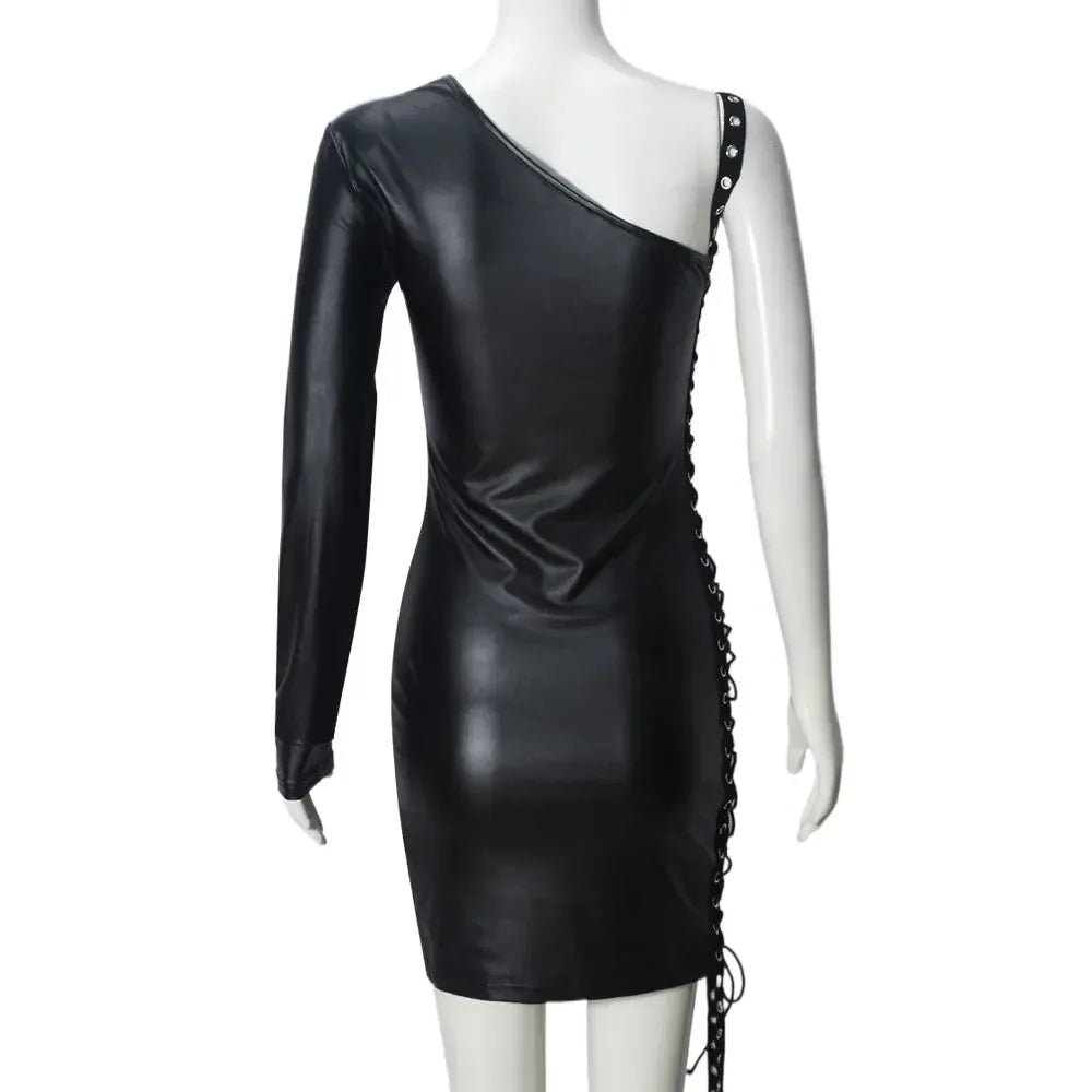 Weird Puss Bandage Hollow Dress Women Irregular Diagonal Collar Backless Single Sleeve Hot Girls Skinny Peach Hip Mini Bodycon