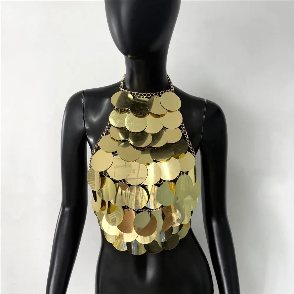 Shimmering Sequin Halter Tassel Crop Top for Women