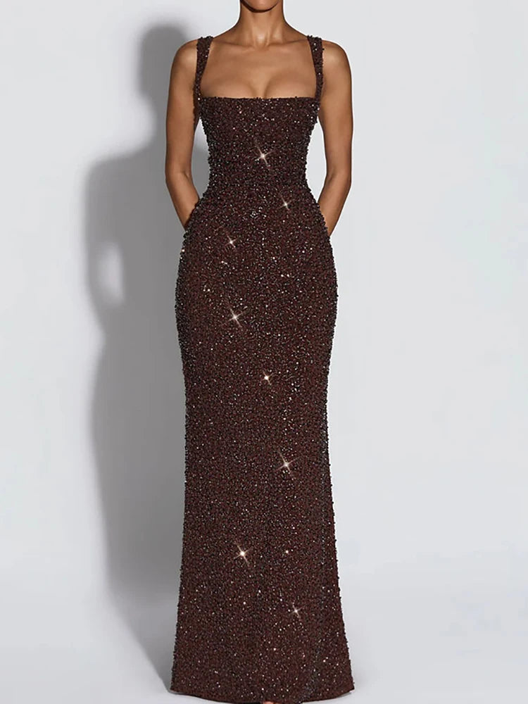 Elegant Sequined Backless Sleeveless Maxi Party Dress for Women