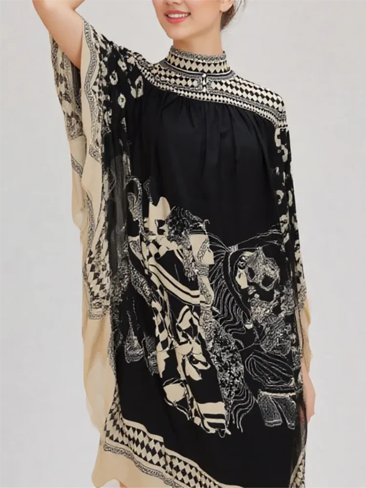 Retro Print Three Quarter Sleeve Midi Dress for Women