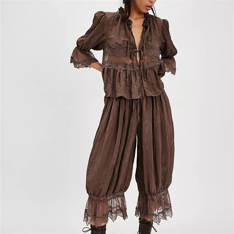 hirigin Women Lace Trim 2 Piece Pajamas Sets Y2k Bow Tie Front Short Sleeve Shirts + Ruffle Flared Lantern Pants Loungewear