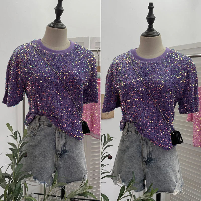Spicy Girl Pink Sequins Short Sleeve T-shirt Round Neck Slimming Crop Top Blingbling Sexy Nightclub Multi Color Casual Tees