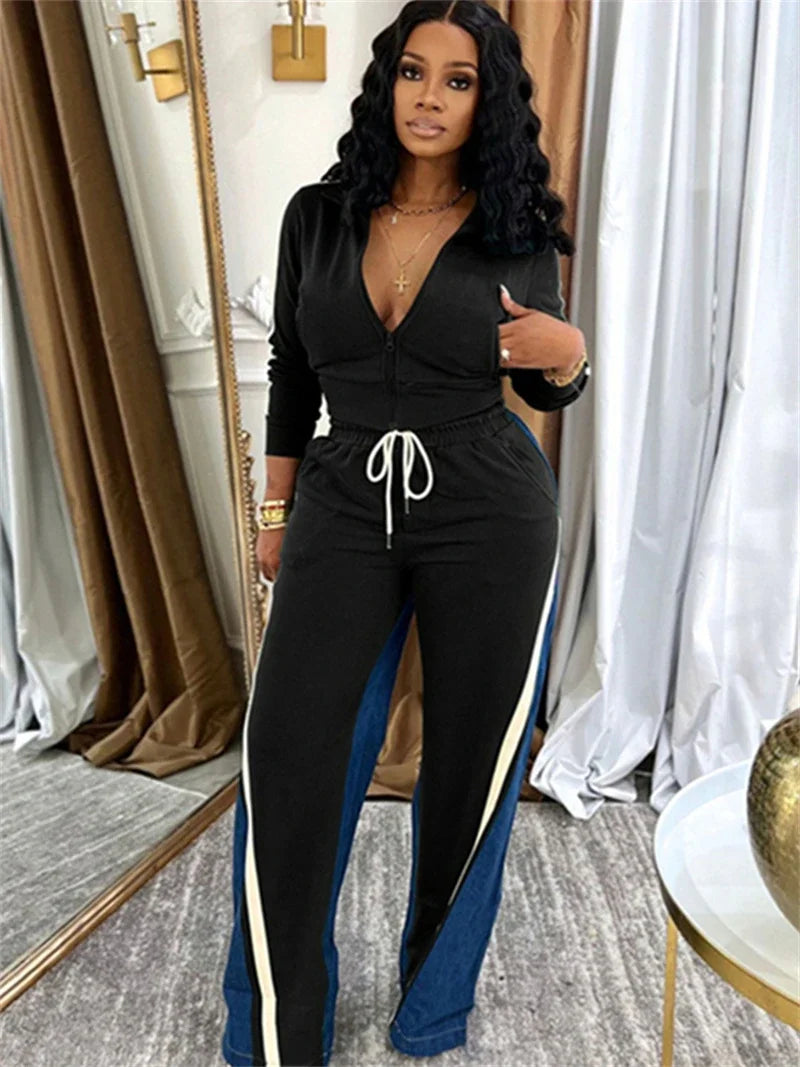 Colorblock Zip Top And Patchwork Pants Set for Women