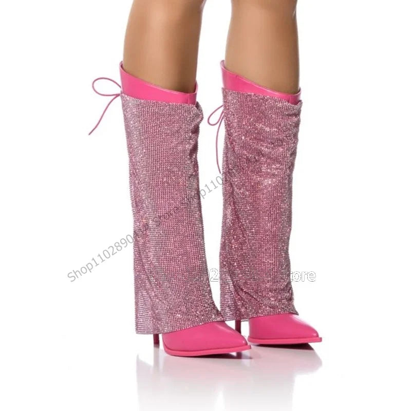 Rose Red Mesh Decor Pointed Toe Stiletto Boots For Women