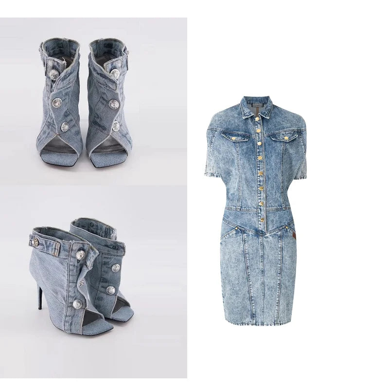 Elegant Denim Look Strappy Peep Toe Stiletto Sandals for Women