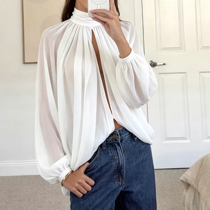 Elegant Sheer Chiffon Batwing Sleeve Blouse for Women