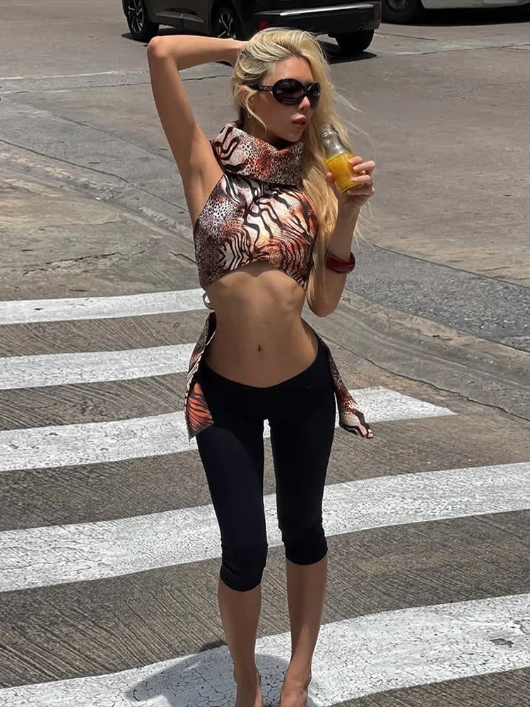 Sisterlinda Leopard Print Tank Tops Woman Halter Turtleneck Backless Navel Exposed Hot Girls Street Sexy Wild Style Clothing