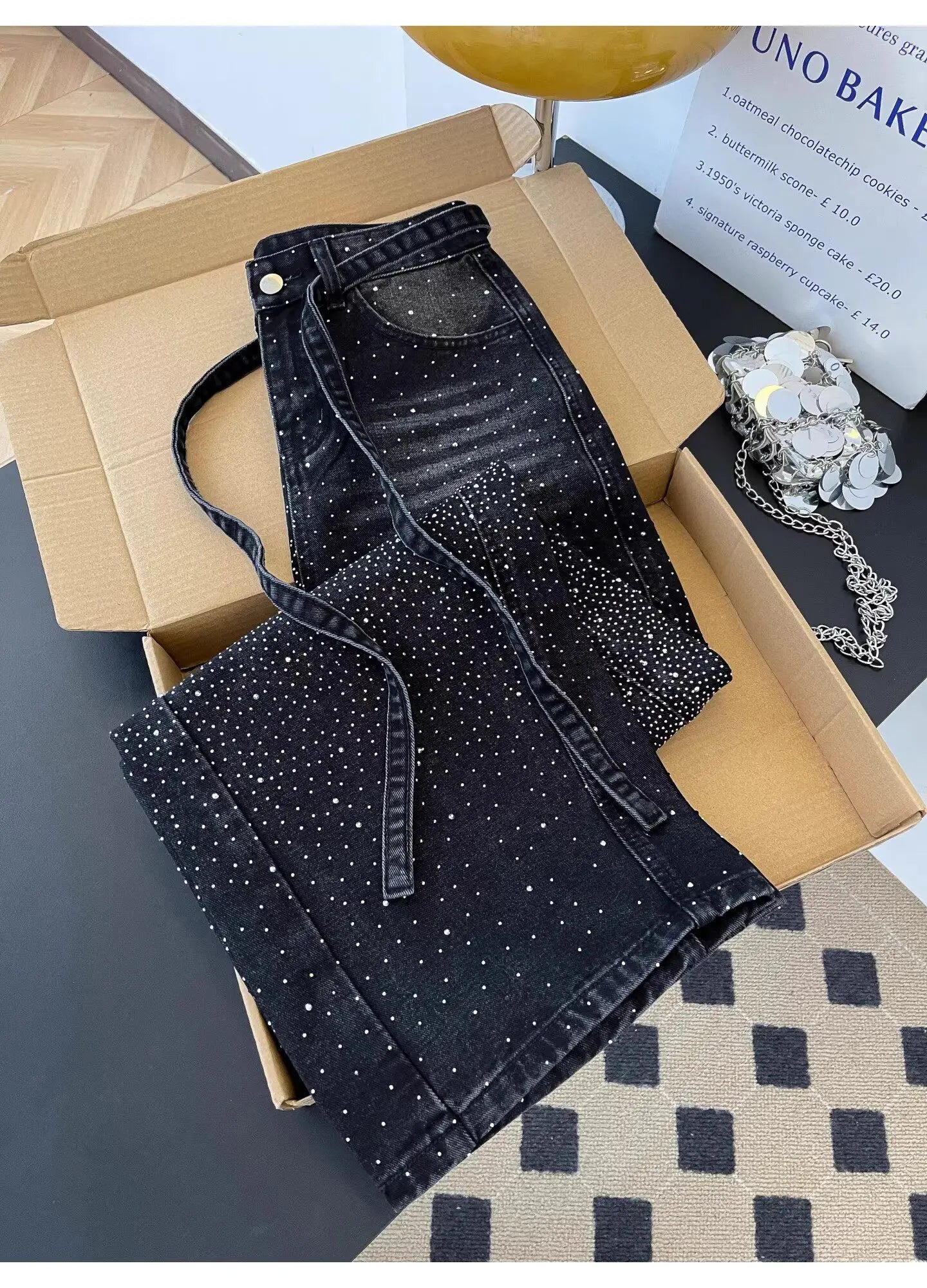 Glittering Rhinestone Wide Leg Denim Pants for Women