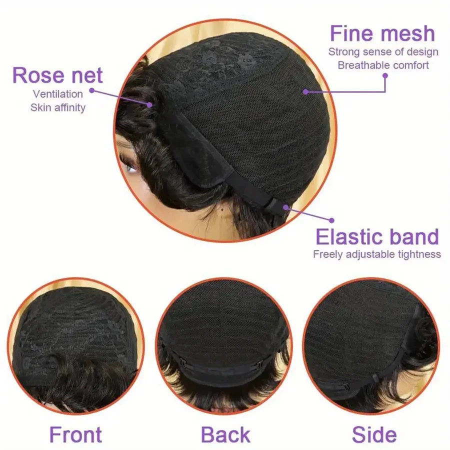 Natural Black Curly Pixie Wig Human Hair With Pre Plucked Bangs For Women