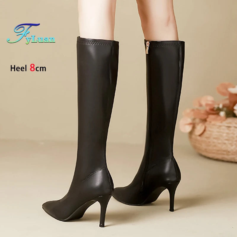 Patent Leather Pointed Knee High Boots