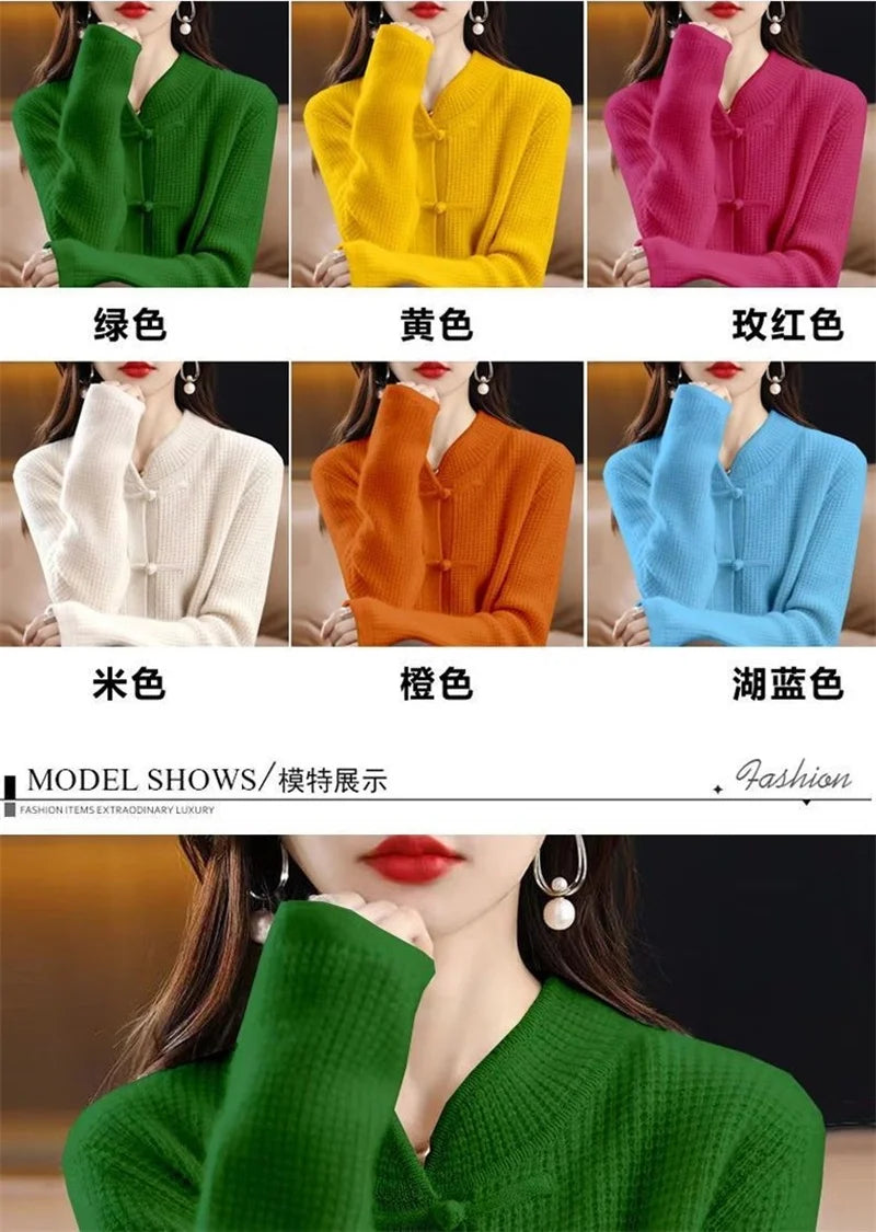 Vintage Knitted Cardigan Women's Thickened Half High Collar frog Loose Slim Sweater Coat Chinese Style Top Autumn And Winter N
