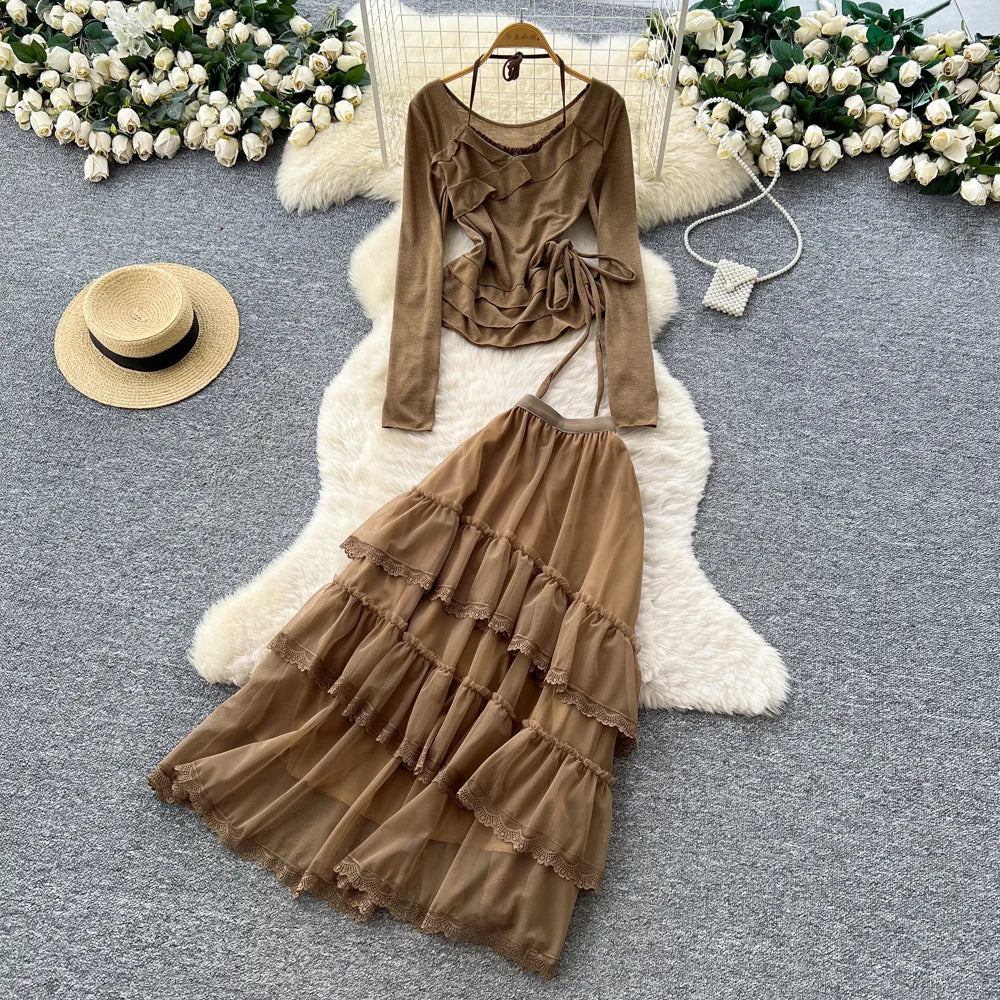 Elegant Mesh Ruffle Hem Halter Neck Dress Set for Women