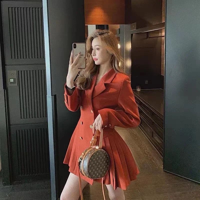 Elegant Double-Breasted Suit Dress Skirt Style Polyester Fiber Full Sleeve Regular Neckline Empire Waist Midi Length Dress