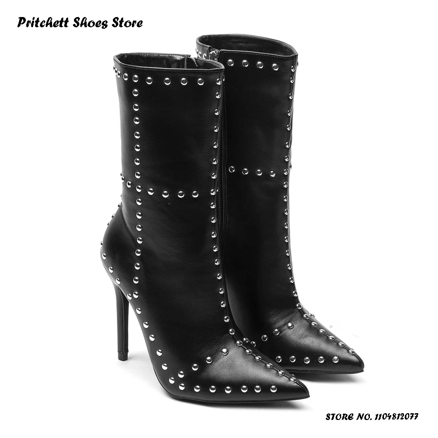 Studded Leather Pointed Toe Ankle Booties For Women