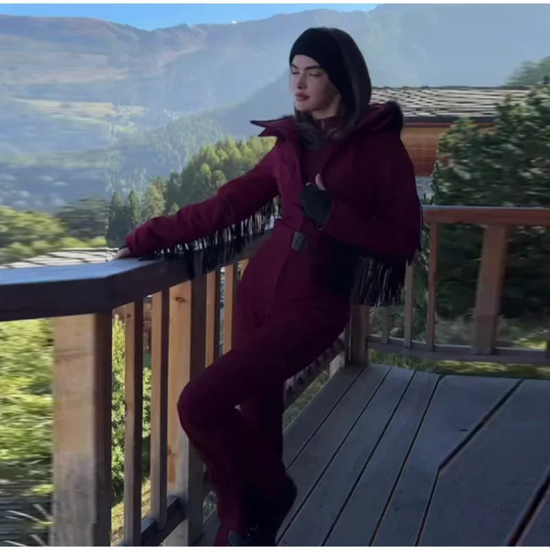 Tassel Red Slim Long Sleeve Stand Collar Wide Leg Jumpsuit for Women