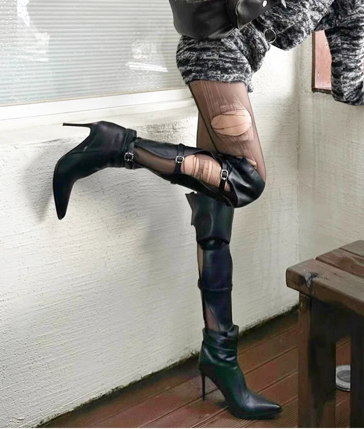 Sleek Pointed Toe Buckle Over The Knee Boots for Women
