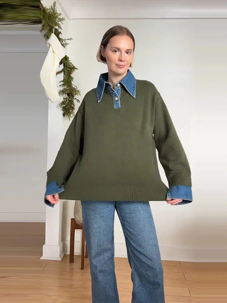 Long Sleeve Denim Collar Half Button Knit Top For Women