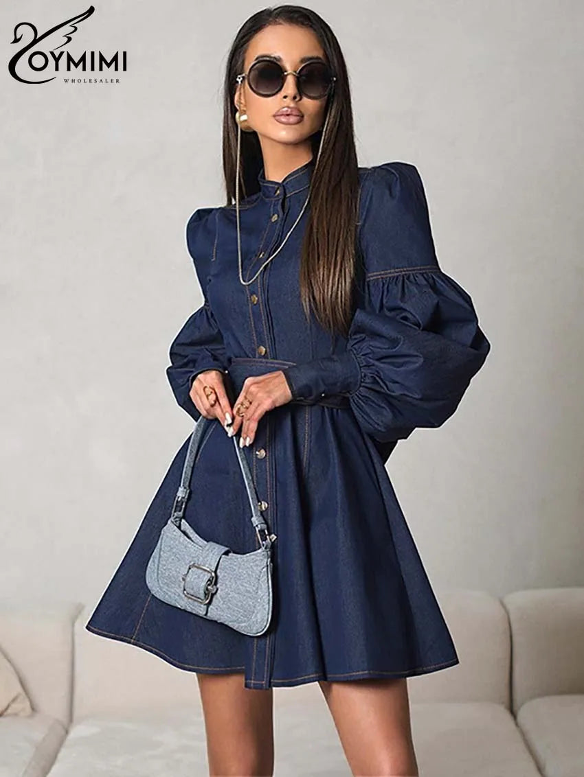 Oymimi Elegant Blue Denim Womens Dresses Fashion O-Neck Long Sleeve High Waisted Dresses Casual Button Mini Dress Streetwear