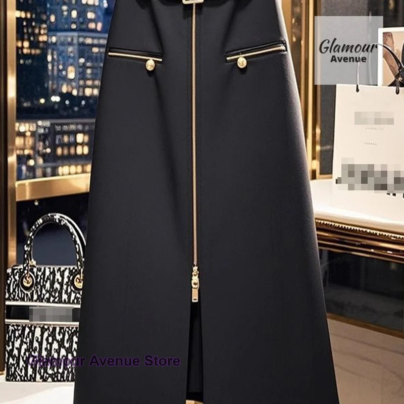 Spring and autumn new plus-size black skirt female Korean fashion design sense small fragrance long zipper hip A-line skirt.