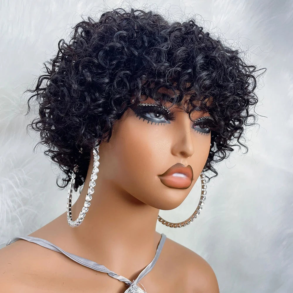 Short Curly Bob Human Hair Wig With Bangs for Women