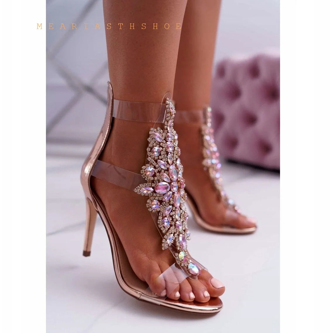 Clear Rhinestone T Strap Open Toe Gladiator Sandals For Women