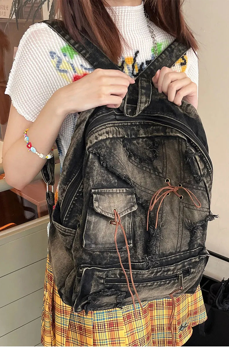 Washed Denim Backpack With Large Capacity for Women