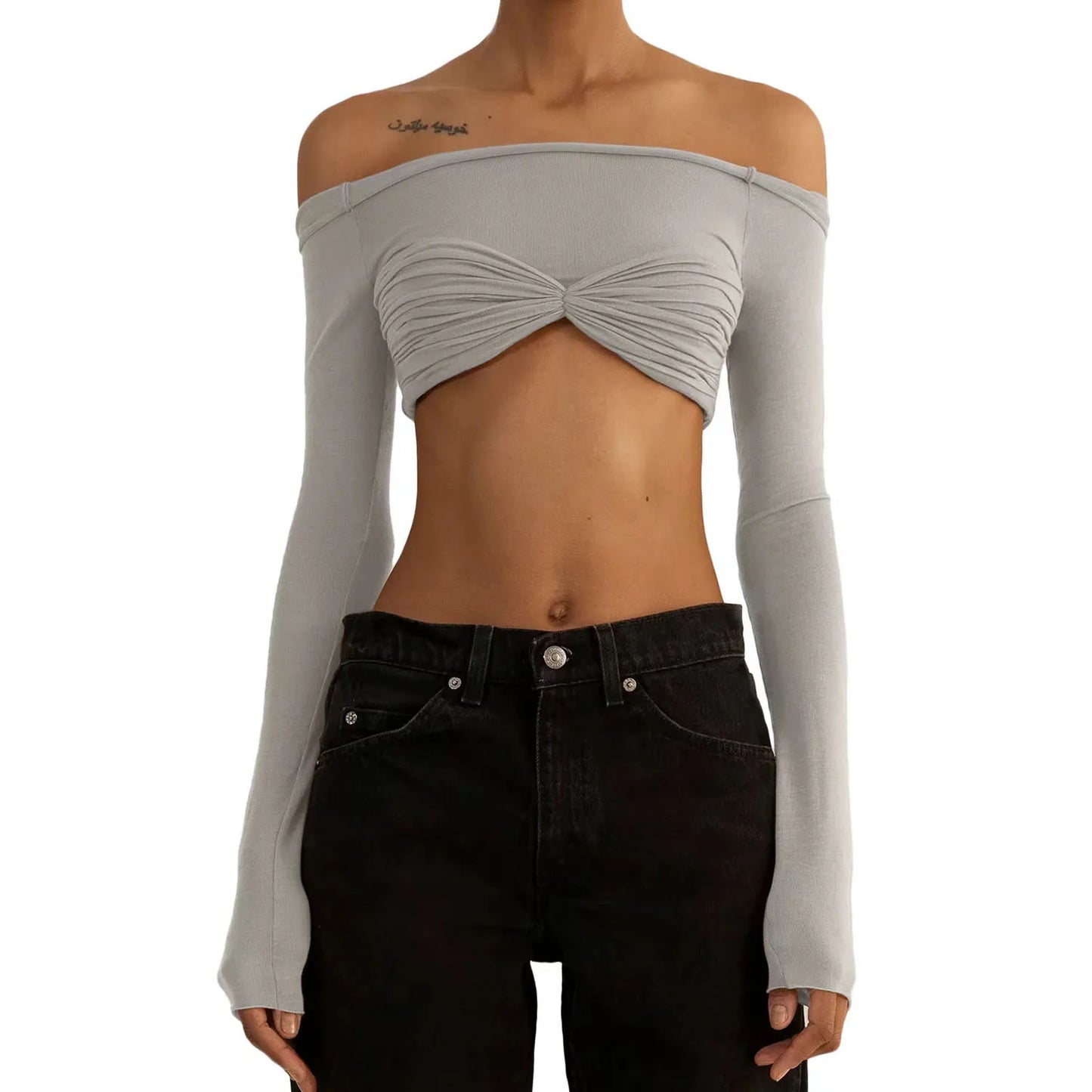 Cryptographic Elegant Front Ruched Cropped Top for Women Fashion Long Sleeve Off Shoulder Sexy Backless Sheer Knit Mini Top Slim