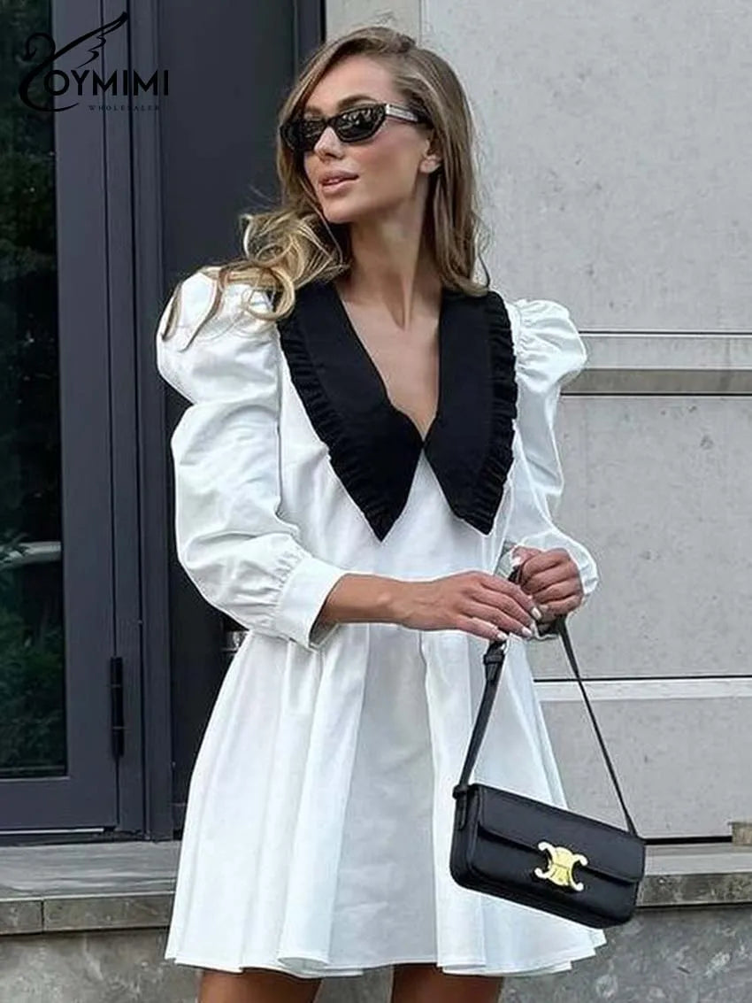 Oymimi Elegant Black Patchwork Women's Dress Casual Peter Pan Collar Three Quarter Sleeve Dresses Fashion Pleated Mini Dresses