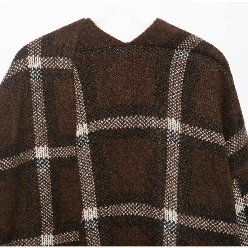 Plaid V-Neck Knit Cardigan With Double Pockets For Women