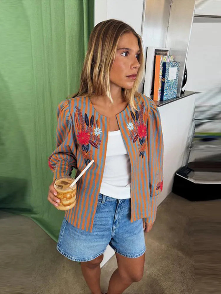 Elegant Striped Embroidered Open Stitch Jacket for Women