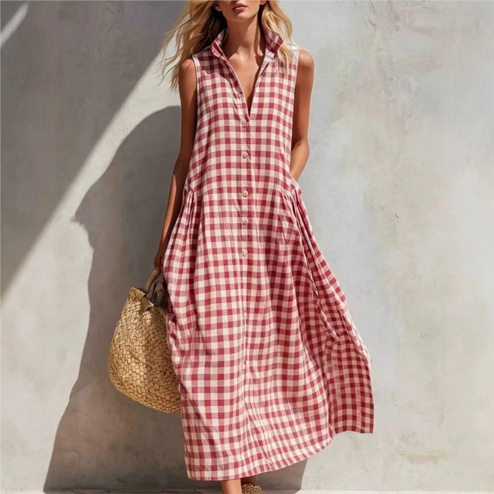 Loose Plaid Sleeveless Single Breasted Maxi Dress for Women