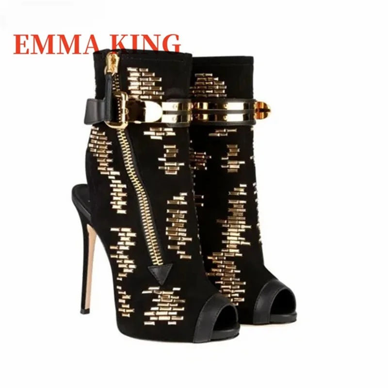 Gleaming Gold Studded Peep Toe Ankle Strap Sandals for Women