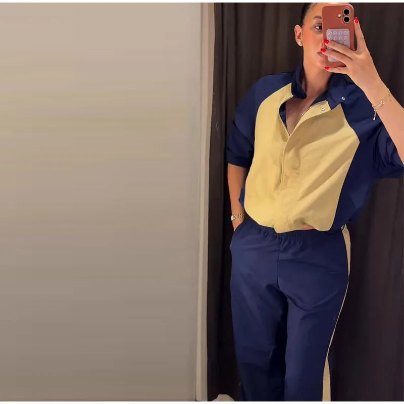 Color Block Two Piece Tracksuit With Cropped Jacket for Women