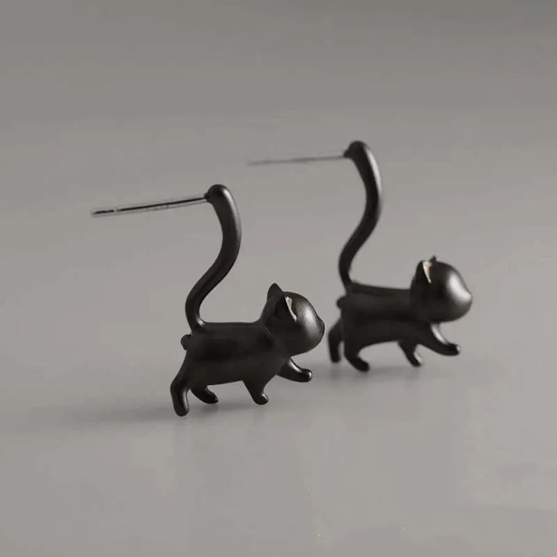 Silver Tone Cat Stud Earrings