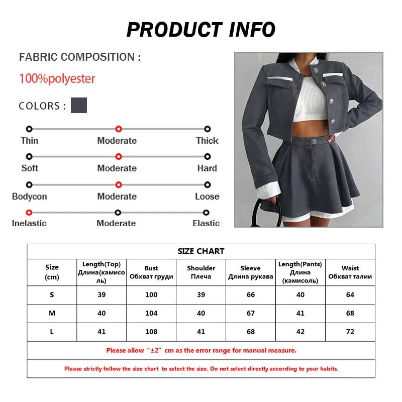 Oymimi Elegant Grey Patchwork Women 2 Piece Set Outfit Fashion Long Sleeve Pockets Button Crop Shirts And Pleated Mini Skirts
