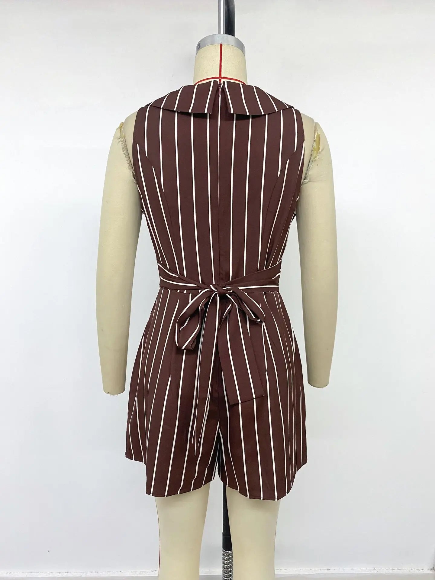 Striped Sleeveless Lapel V Neck High Waist Romper Shorts for Women