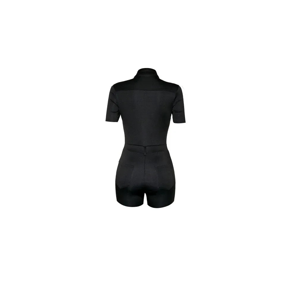 Summer V Neck Mesh Cargo Short Jumpsuit for Women