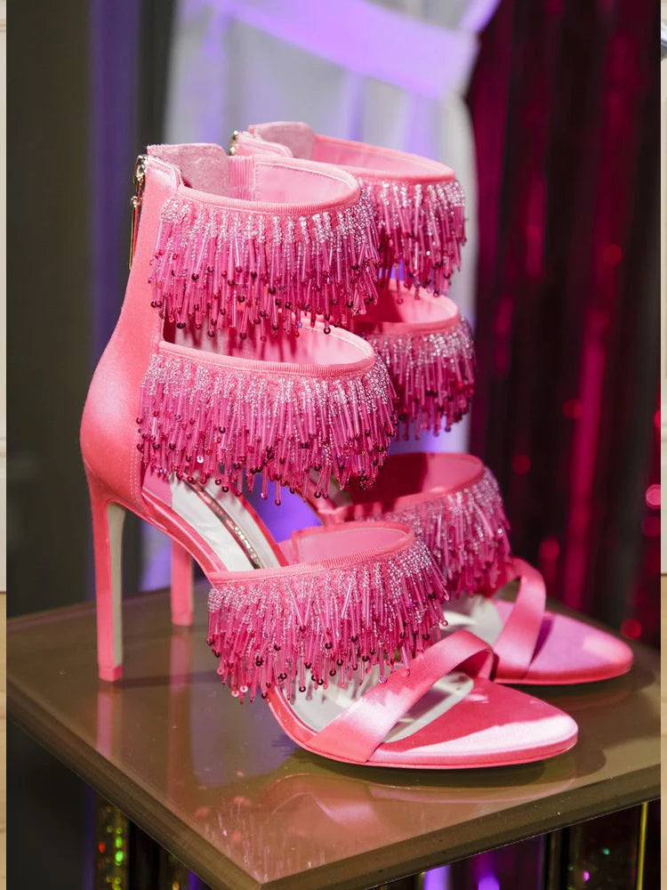Rhinestone Tassel Open Toe Thin Heel Sandals for Women