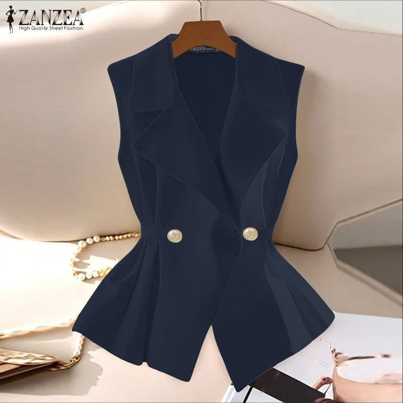 ZANZEA Elegant Women Sleeveless Blazer Fashion Lapel Neck Sashes Vest Tops 2025 Summer Lightweight Office Wear Commuting Tops