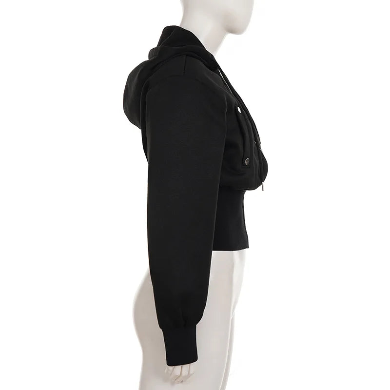 Y2K Winter Fashion Streetwear Women's Black Zip - Up Hoodie With Trendy Casual Long Sleeve Cropped Jacket Style Party