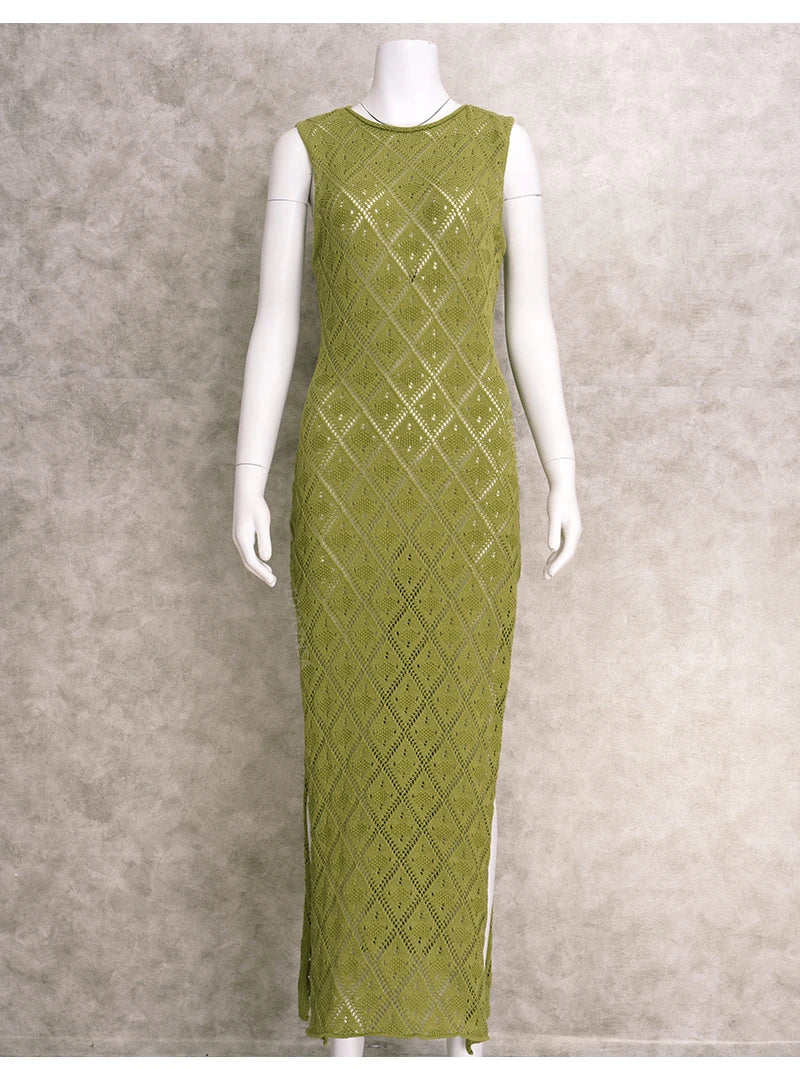 Sexy Cut Out Slit Knit Mesh Swimsuit Cover Up Pareo Tunic 2025 Summer Beach Maxi Dress Bikini Cover-ups Women Beachwear A2318